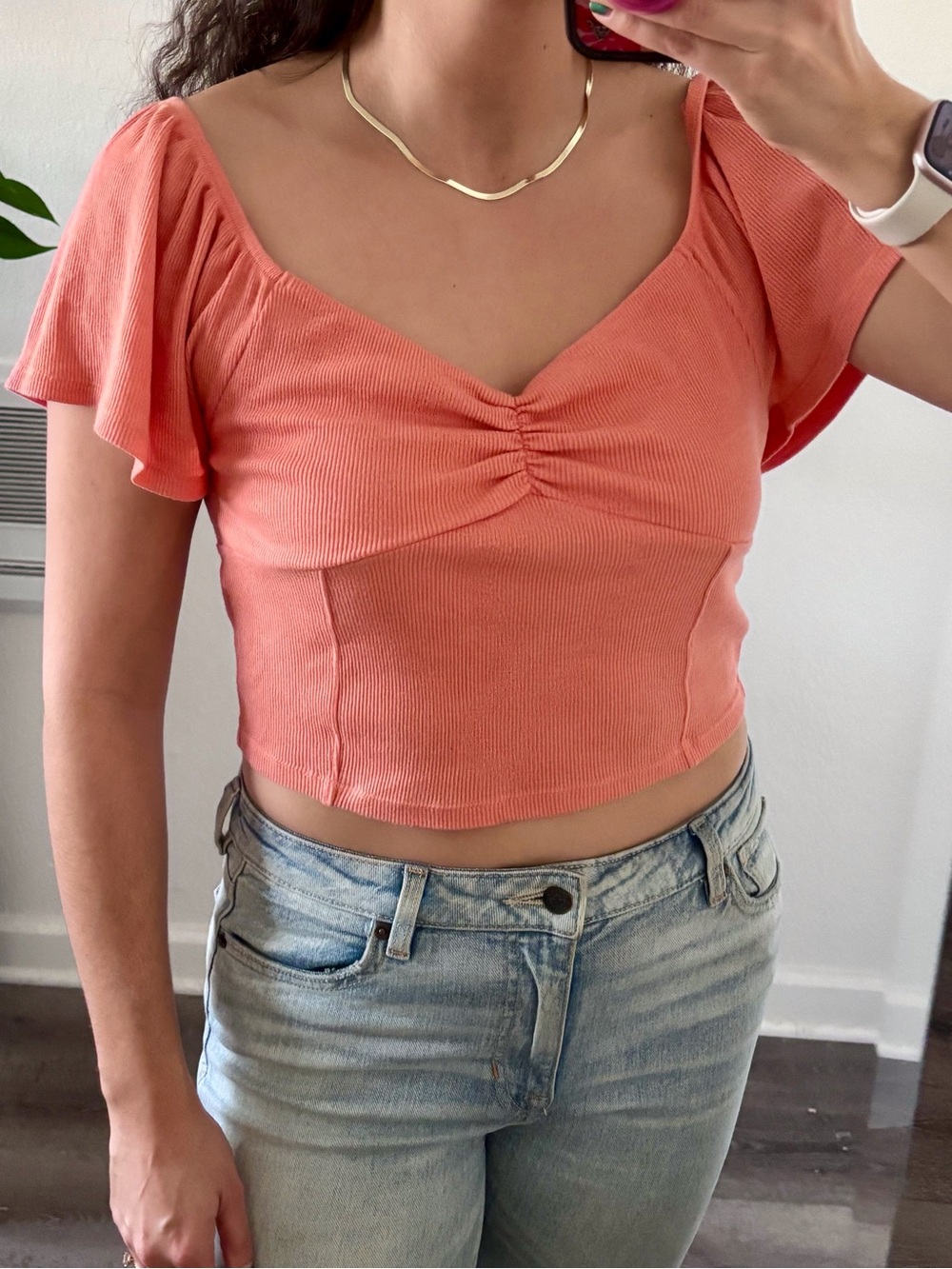 American Eagle Outfitters Coral Ruched Flutter-Sleeve Ribbed Crop Top